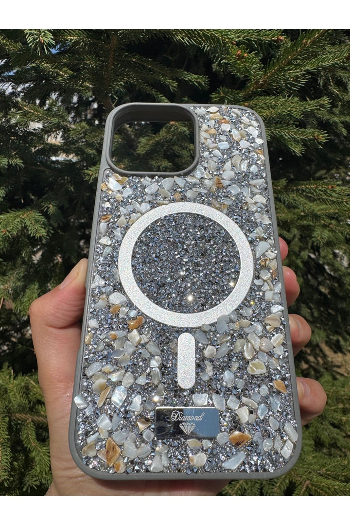 iPhone 16 Pro Max Uyumlu Taşlı Magsafe Kılıf Parlak Taşlı Simli Koruyucu Kablosuz Şarj Silikon Kapak