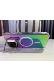 iPhone 15 Pro Max Uyumlu Kılıf Metal Kamera Standlı Hologram Renkli Ayna Görünümlü Premium Kapak
