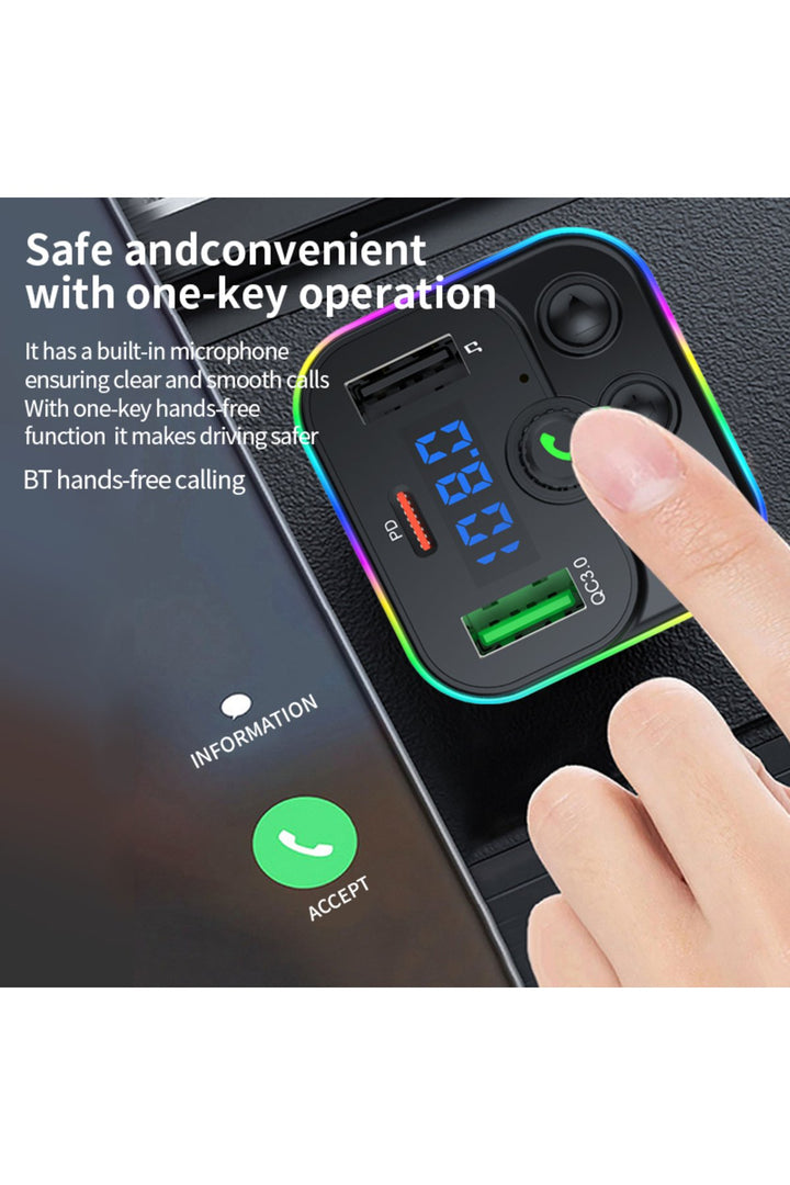 Bluetooth Araç Kiti FM Transmitter USB Type-C PD RGB LED Işıklı Flash Bellek MP3 Çakmaklık Girişli