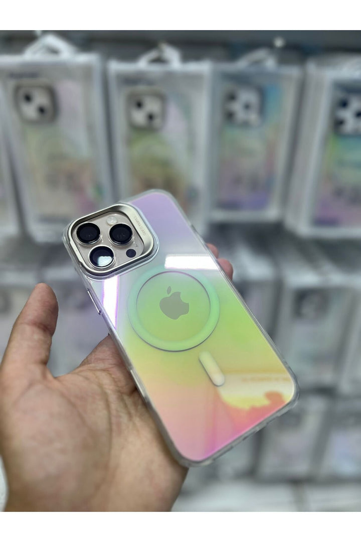 iPhone 15 Pro Max Uyumlu Kılıf Metal Kamera Standlı Hologram Renkli Ayna Görünümlü Premium Kapak