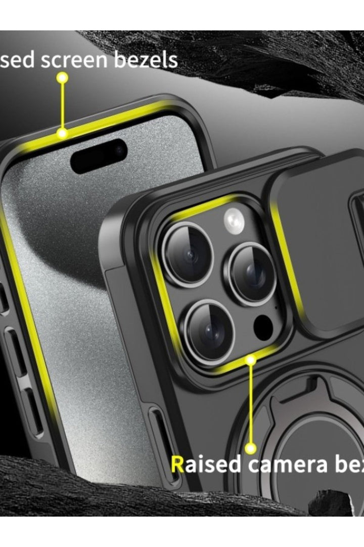 iPhone 14 Pro Max Uyumlu Kılıf Kamera Korumalı Sürgülü 360 Dönebilen Magsafe Stand Koruyuc Tank Kapk