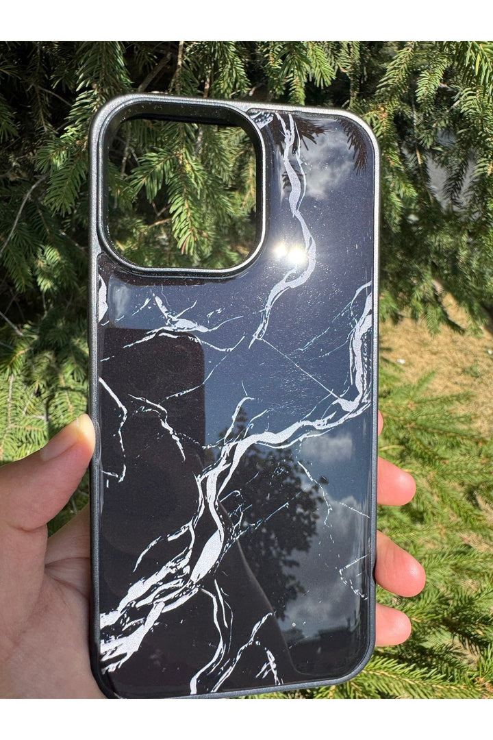 iPhone 15 Pro Max Uyumlu Kılıf Parlak Mermer Desenli Kamera Kenar Koruyuculu Arka Kapak