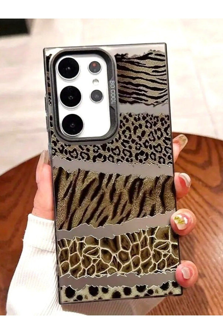 Samsung Galaxy S24 Ultra Uyumlu Kılıf Leopar Desenli Kahverengi Çizgili Metalik Tuşlu Kamera Çıkıntı