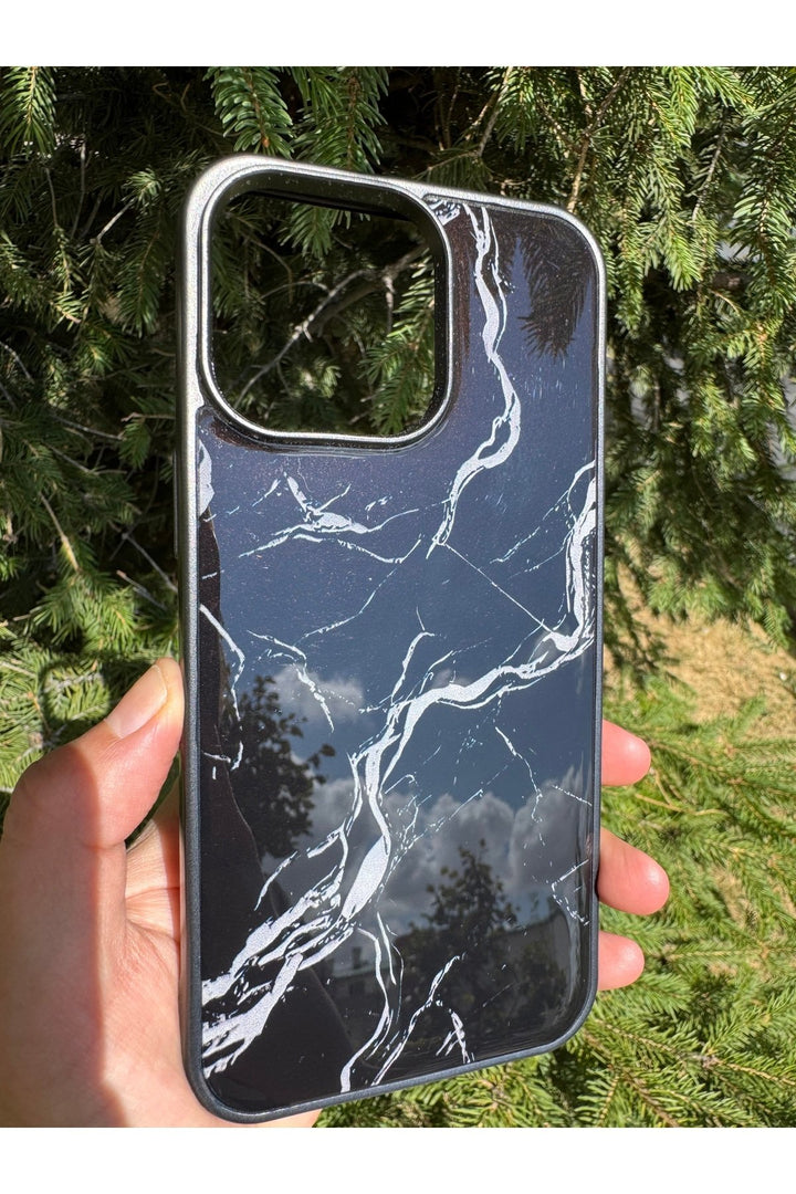 iPhone 15 Pro Max Uyumlu Kılıf Parlak Mermer Desenli Kamera Kenar Koruyuculu Arka Kapak