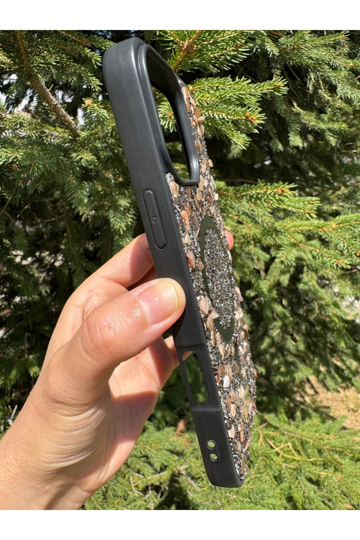 iPhone 16 Pro Max Uyumlu Taşlı Magsafe Kılıf Parlak Taşlı Simli Koruyucu Kablosuz Şarj Silikon Kapak