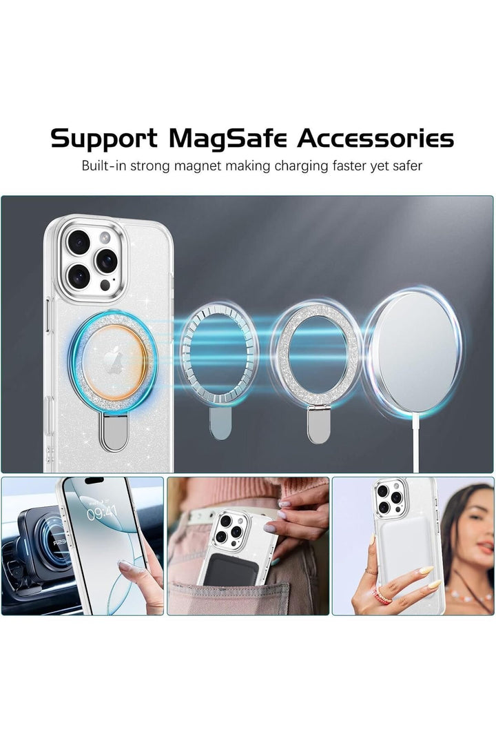 iPhone 16 Uyumlu Kılıf Simli Parlak Stand Olabilen Magsafe Şarj için Uygun Renkli Arka Kapak