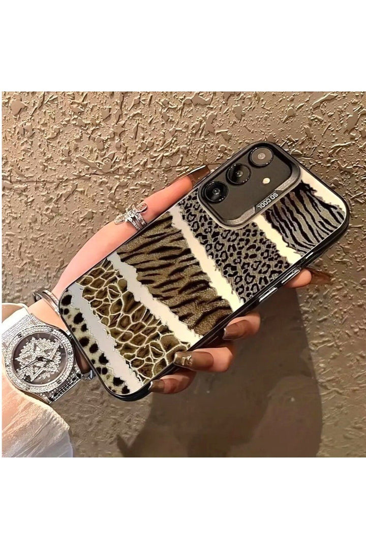 Samsung Galaxy S24 Fe Uyumlu Kılıf Leopar Desenli Kahverengi Çizgili Metalik Tuşlu Kamera Çıkıntılı