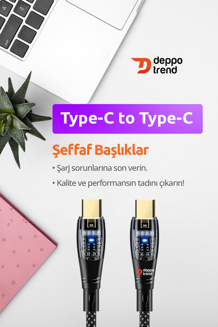 Samsung Xiaomi Oppo Huawei Uyumlu 60w Turbo Hızlı Şarj ve Data Kablosu Şeffaf Tasarım Led Işıklı