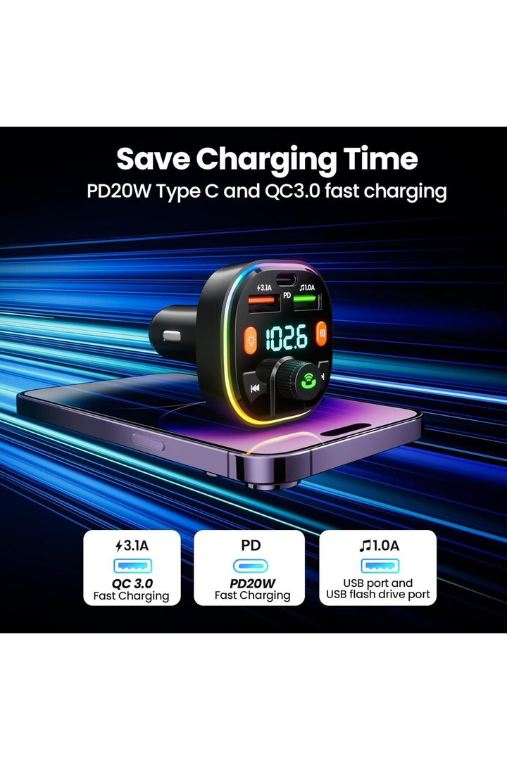 Bluetooth Araç Kiti Araç RGB LED Fm Transmitter USB Type-C MP3 Flash Bellek PD Çakmaklık Girişli