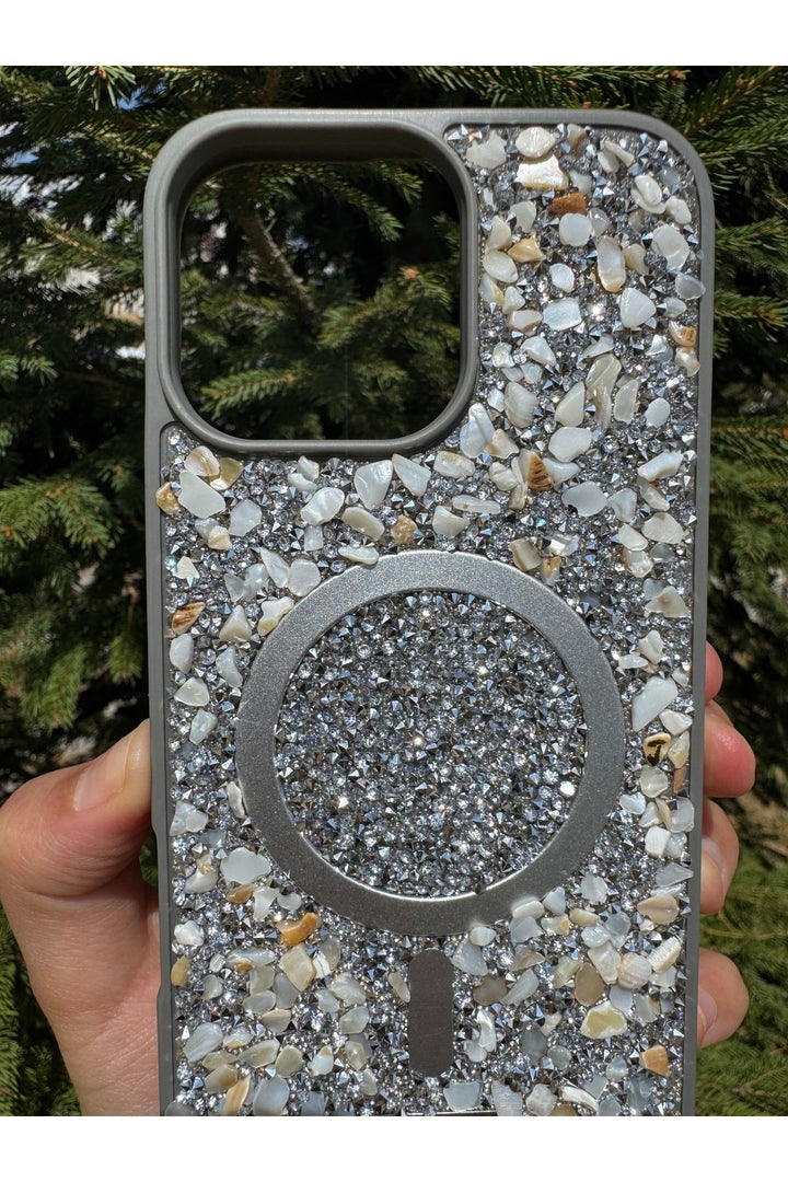 iPhone 16 Pro Max Uyumlu Taşlı Magsafe Kılıf Parlak Taşlı Simli Koruyucu Kablosuz Şarj Silikon Kapak