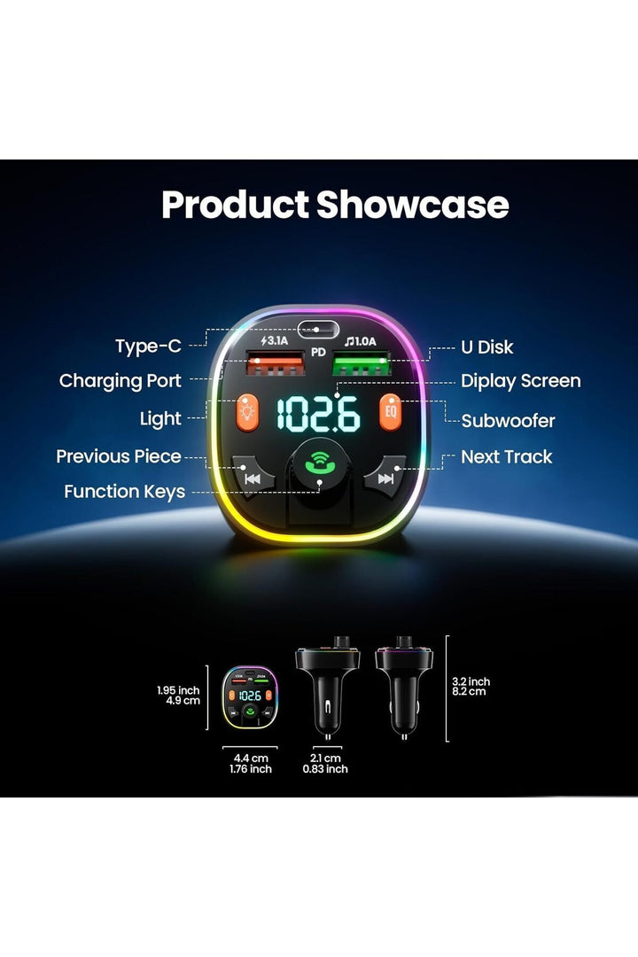 Bluetooth Araç Kiti Araç RGB LED Fm Transmitter USB Type-C MP3 Flash Bellek PD Çakmaklık Girişli