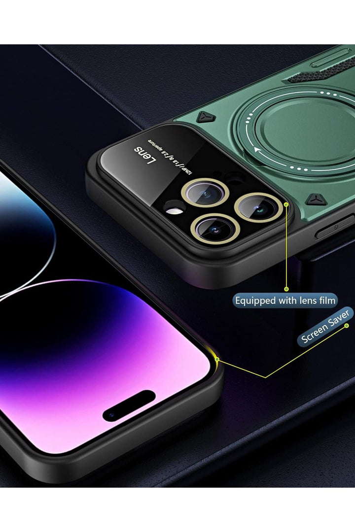 iPhone 15 Pro Max Uyumlu Kılıf Magsafe Standlı Kamera Lens Korumalı Dayanıklı Renkli Tank Kapakk