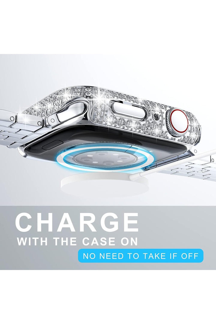 Apple Watch 45mm 7/8/9 Uyumlu Kılıf Ekran ve Kasa Koruyucu Parlak Büyük Taşlı Watch Kasa Koruma