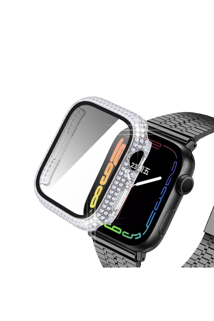 Apple Watch 45mm 7/8/9 Uyumlu Kılıf Ekran ve Kasa Koruyucu Parlak Büyük Taşlı Watch Kasa Koruma