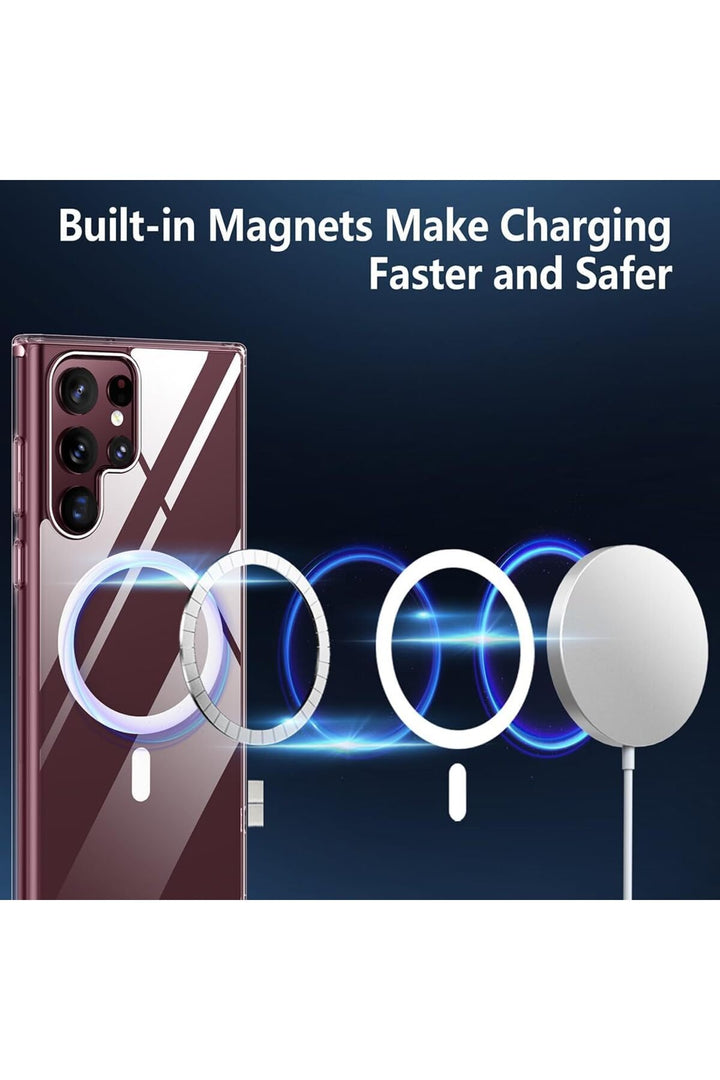 Samsung Galaxy S22 Ultra Uyumlu Kılıf Kamera Çıkıntılı Şeffaf Magsafe Kablosuz Şarj Destekli Kapak