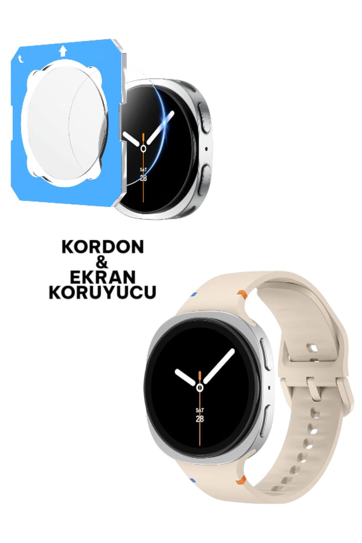 Samsung Galaxy Watch 8 40mm Uyumlu Silikon Kordon ve Kolay Kurulum Aparatlı Cam Ekran Koruyucu