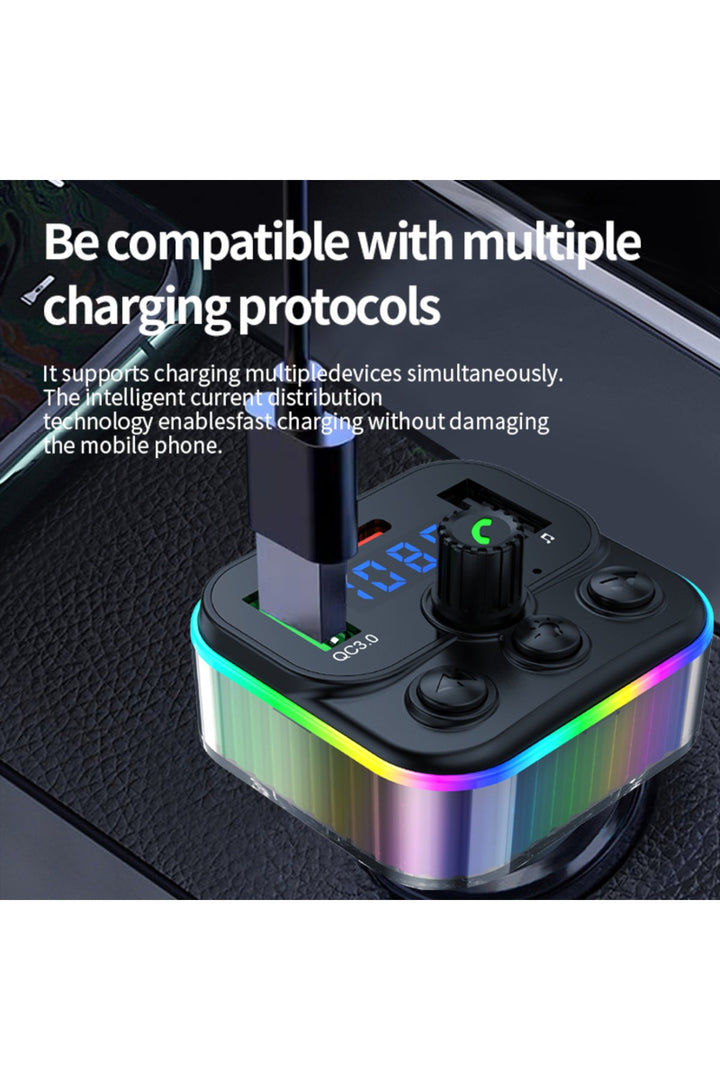 Bluetooth Araç Kiti FM Transmitter USB Type-C PD RGB LED Işıklı Flash Bellek MP3 Çakmaklık Girişli
