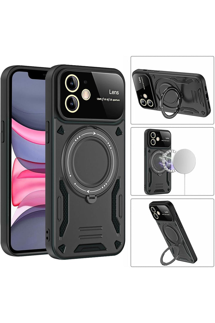 iPhone 11 Uyumlu Kılıf Magsafe Standlı Kamera Lens Korumalı Darbelere Dayanıklı Renkli Tank Kapak