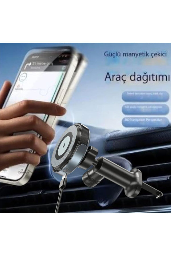 iPhone 11-12-13-14-15-16-17 Pro Max Uyumlu 15W Magsafe Hızlı Şarj Araç içi Telefon Tutucu Kablosuz