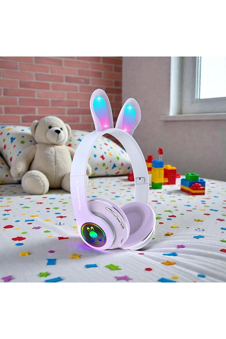 6 Saat Uzun Kullanım Micro SD/Bluetooth Tavşan Kulak Renkli Işıklı RGB Kulaküstü Kablosuz Kulaklık
