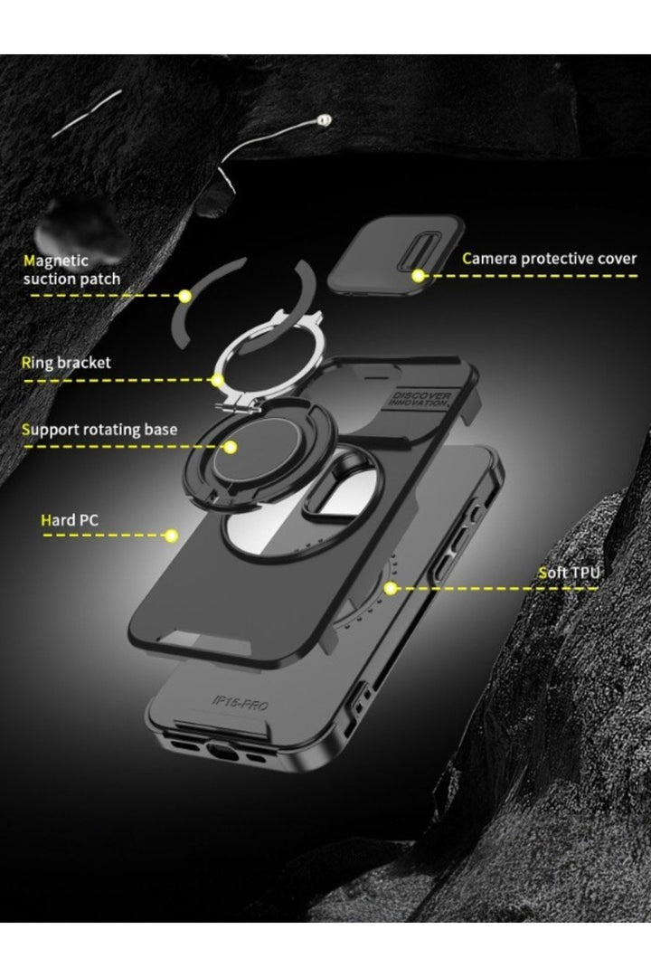 iPhone 14 Pro Max Uyumlu Kılıf Kamera Korumalı Sürgülü 360 Dönebilen Magsafe Stand Koruyuc Tank Kapk