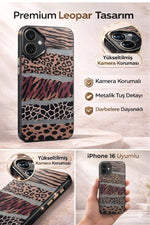 Load image into Gallery viewer, iPhone 16 Uyumlu Kılıf Leopar Desenli Kahverengi Çizgili Metalik Tuşlu Kamera Kenar Çıkıntılı Kapak