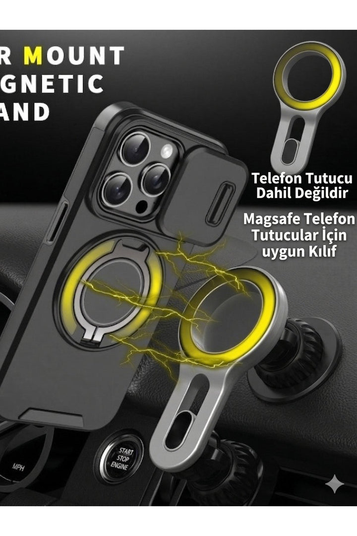 iPhone 14 Pro Uyumlu Kılıf Kamera Korumalı Sürgülü 360 Dönebilen Magsafe Stand Koruyucu Tank Kapak