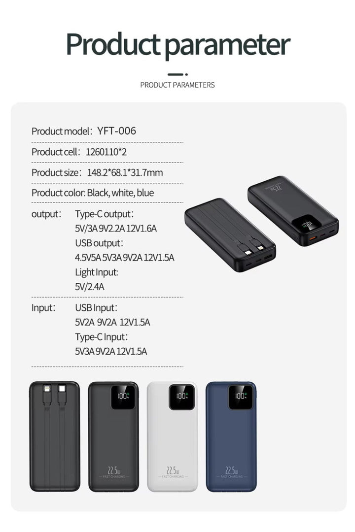 iPhone/Samsung/Mi/Huawei Uyumlu Taşınabilr Hızlı Şarj Aleti 10000 Mah Powerbank LED Gösterge Kablolu