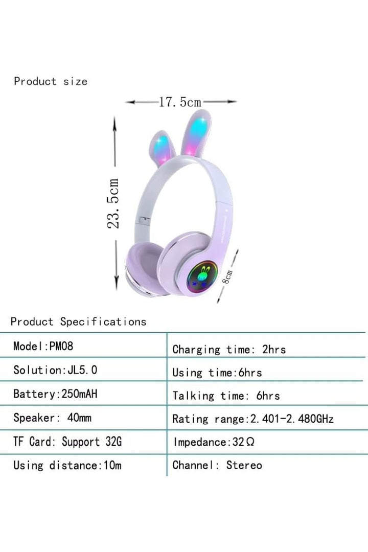 6 Saat Uzun Kullanım Micro SD/Bluetooth Tavşan Kulak Renkli Işıklı RGB Kulaküstü Kablosuz Kulaklık