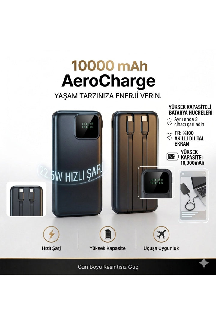 iPhone/Samsung/Mi/Huawei Uyumlu Taşınabilr Hızlı Şarj Aleti 10000 Mah Powerbank LED Gösterge Kablolu