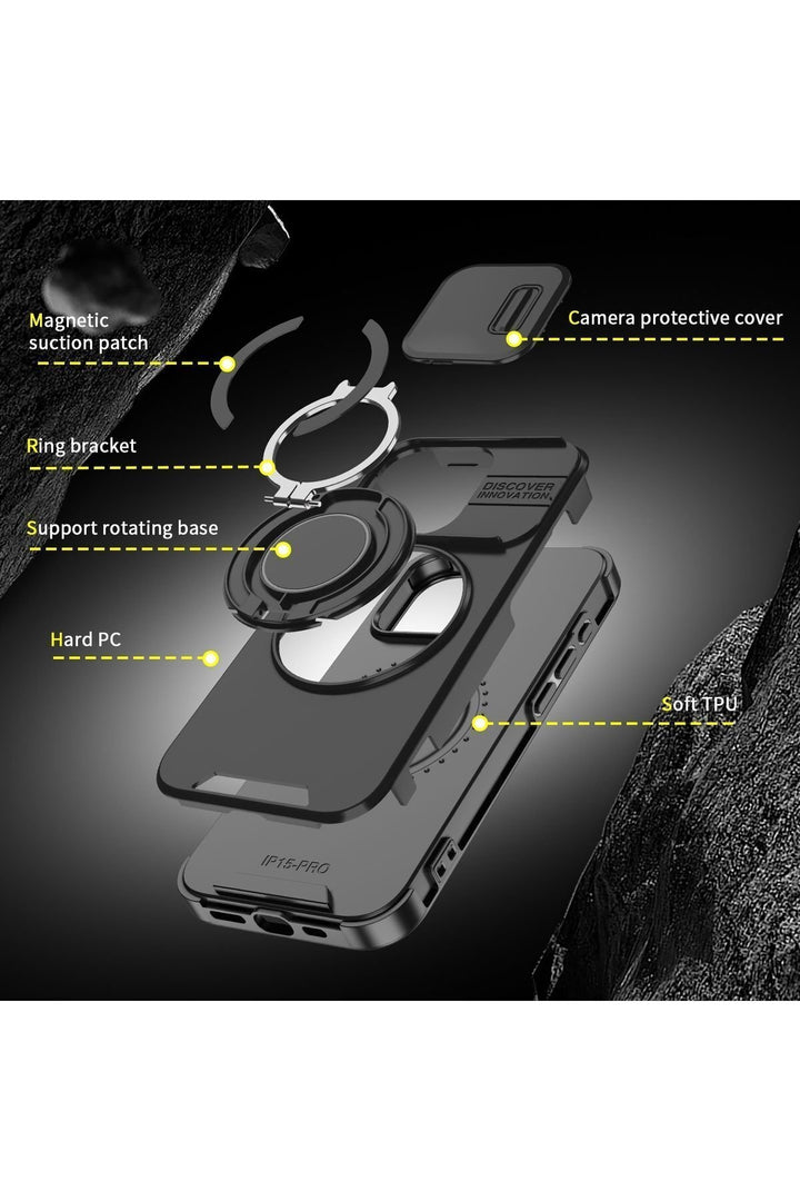 iPhone 15 Pro Uyumlu Kılıf Kamera Korumalı Sürgülü 360 Dönebilen Magsafe Stand Renkli Tank Kapak