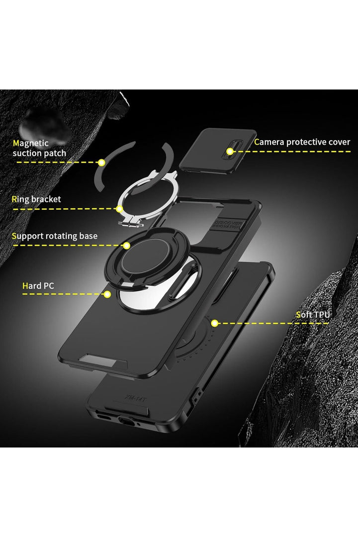 Mi 15T Uyumlu Kılıf Kamera Korumalı Sürgülü 360 Dönebilen Magsafe Stand Siyah Tank Arka Kapak