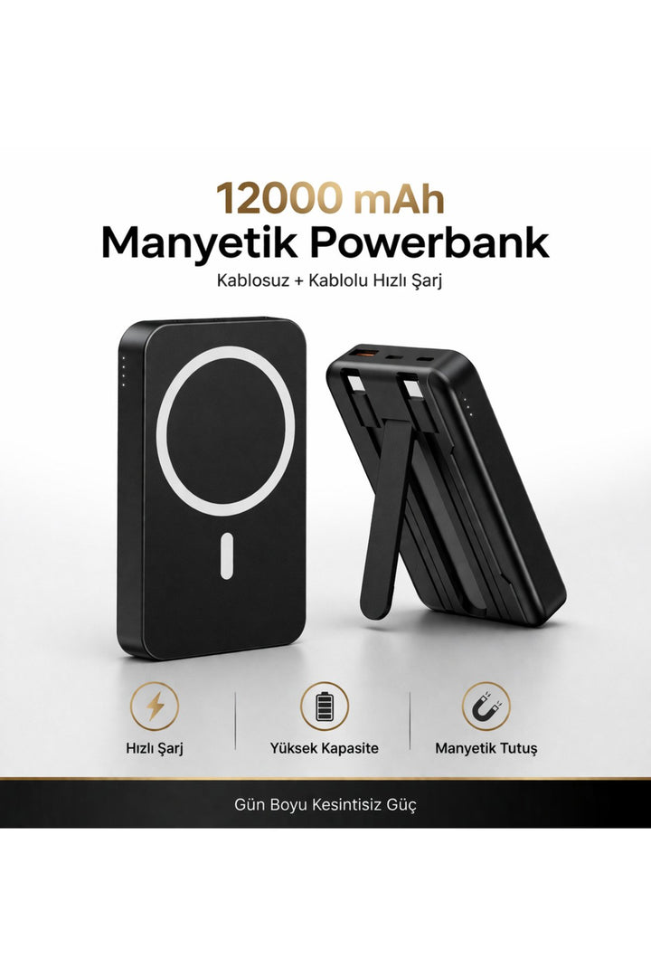 iPhone 12/13/14/15/16 Plus/17 Pro Max Uyumlu 12000 Powerbank Kablolu ve Kablosuz Hızlı Şarj Cihazı