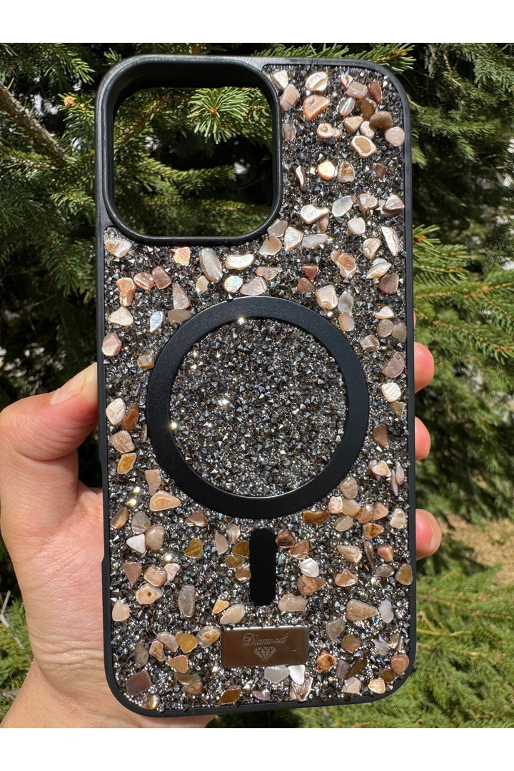 iPhone 16 Pro Max Uyumlu Taşlı Magsafe Kılıf Parlak Taşlı Simli Koruyucu Kablosuz Şarj Silikon Kapak