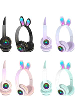 Load image into Gallery viewer, 6 Saat Uzun Kullanım Micro SD/Bluetooth Tavşan Kulak Renkli Işıklı RGB Kulaküstü Kablosuz Kulaklık