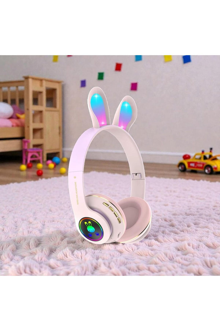 6 Saat Uzun Kullanım Micro SD/Bluetooth Tavşan Kulak Renkli Işıklı RGB Kulaküstü Kablosuz Kulaklık