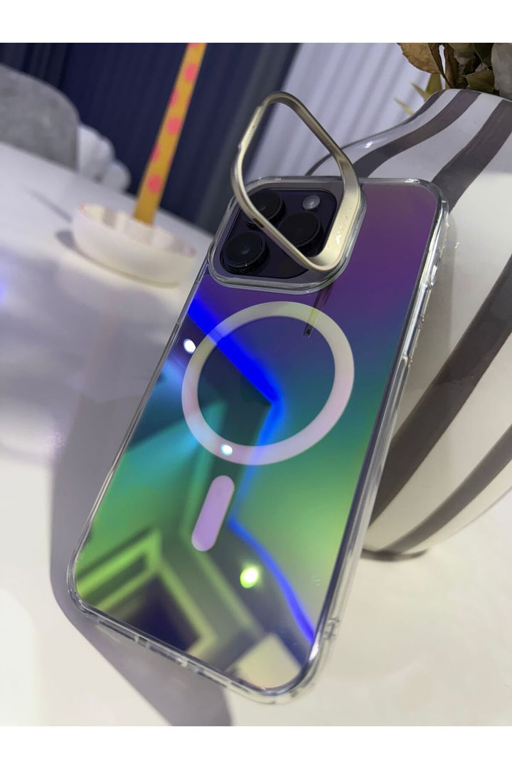 iPhone 15 Pro Max Uyumlu Kılıf Metal Kamera Standlı Hologram Renkli Ayna Görünümlü Premium Kapak