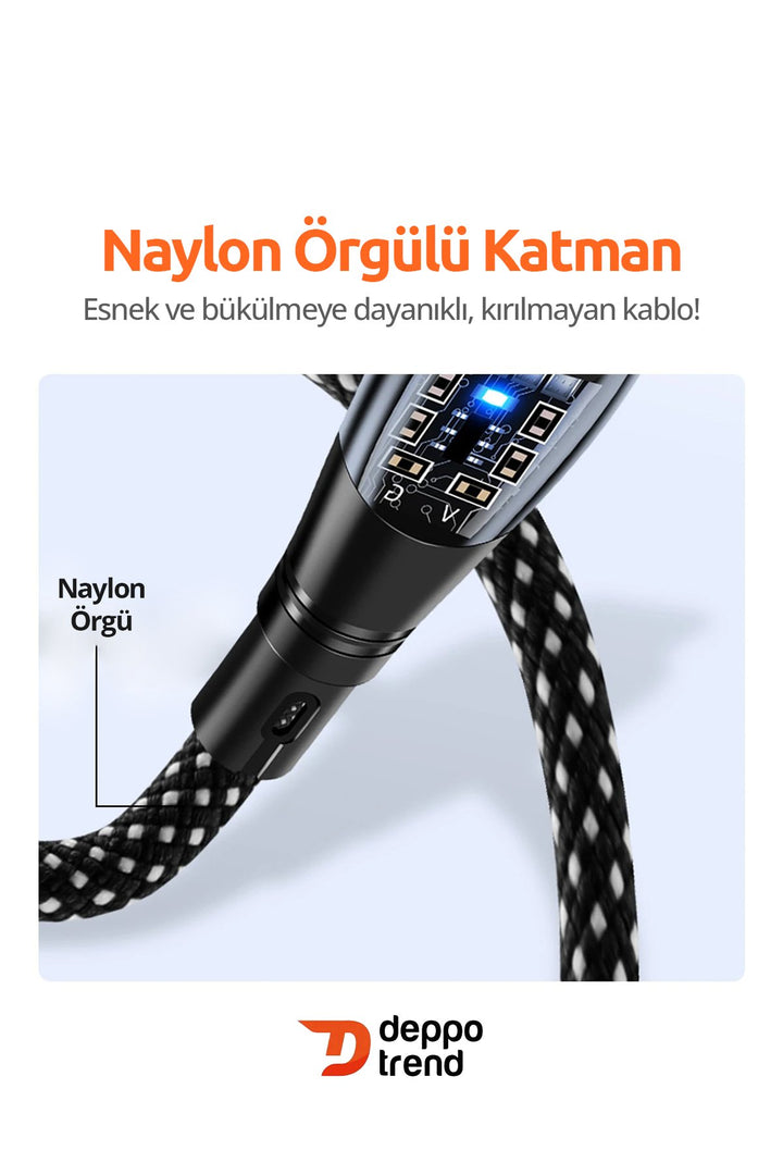 Samsung Xiaomi Oppo Huawei Uyumlu 60w Turbo Hızlı Şarj ve Data Kablosu Şeffaf Tasarım Led Işıklı