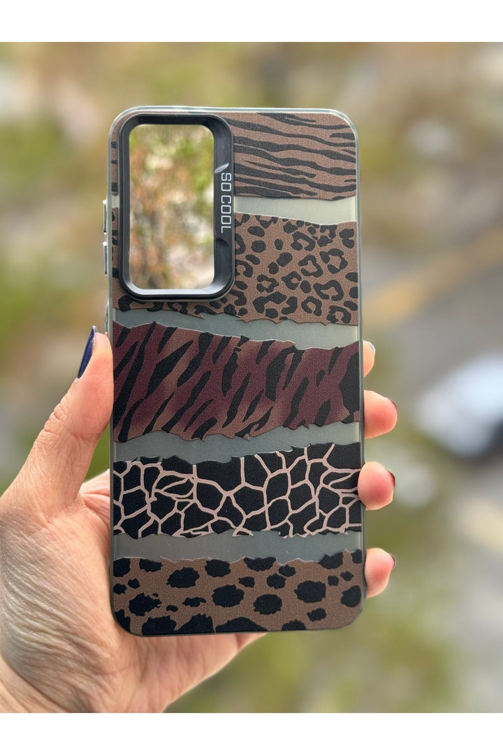 Samsung Galaxy S24 Plus/s25 Plus Uyumlu Kılıf Leopar Desenli Kahverengi Çizgili Metalik Tuşlu Kapak